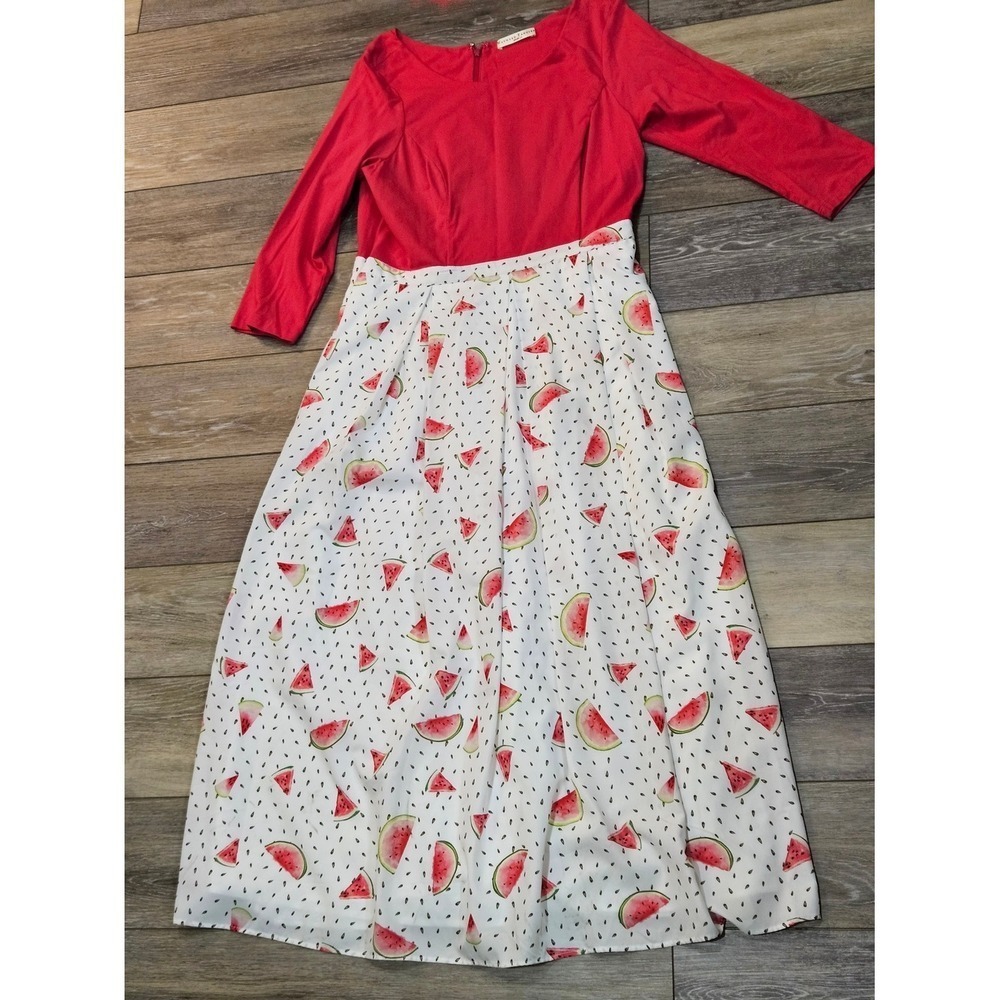 Wayward Fancies eShakti Red Watermelon Print Maxi Dress 3/4 Sleeve Size 12
